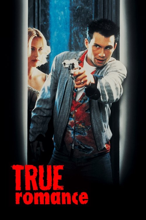 The poster features a man in a gray jacket holding a gun, with a woman peeking from behind him, creating an intense and suspenseful mood. The bold red text "TRUE ROMANCE" stands out against the dark background, emphasizing the film's dramatic and romantic undertones.