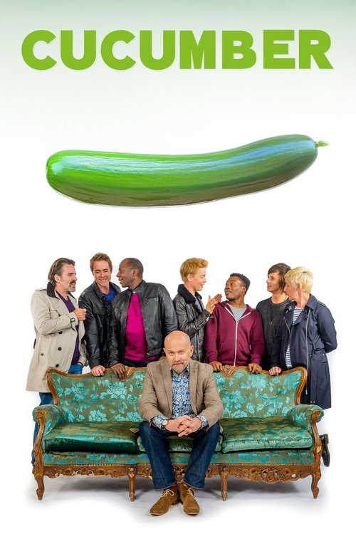 This TV show poster features a group of diverse characters gathered around a vintage green sofa, with a large green cucumber floating above. The warm tones of the sofa and the bright green cucumber create a cozy, inviting atmosphere, while the characters' varied expressions suggest a friendly and...