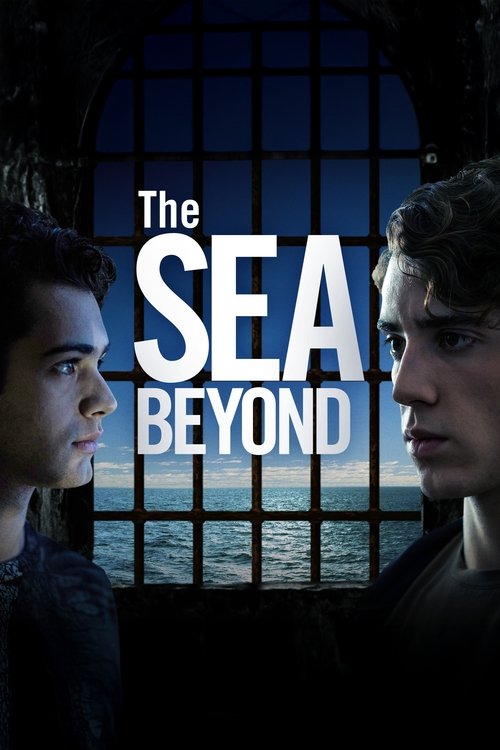 The poster features two young men in dim lighting, their faces illuminated against a dark, moody backdrop. Through an arched window with grid bars, they gaze out at a serene yet mysterious ocean scene. The cool blues and dark tones evoke a sense of mystery and introspection, suggesting themes of ...