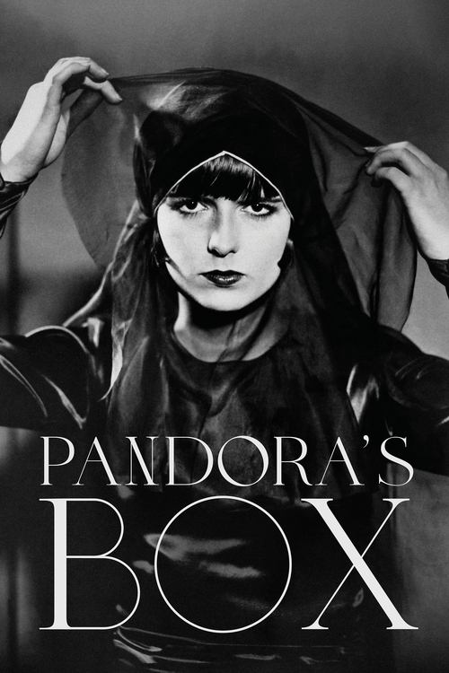 A striking black-and-white portrait captures a woman with dramatic makeup and long hair, holding a veil over her face. The poster features bold, stylized text reading "Pandora's Box" in white against the dark background. The mood is mysterious and theatrical, evoking the allure of magic and mystery.