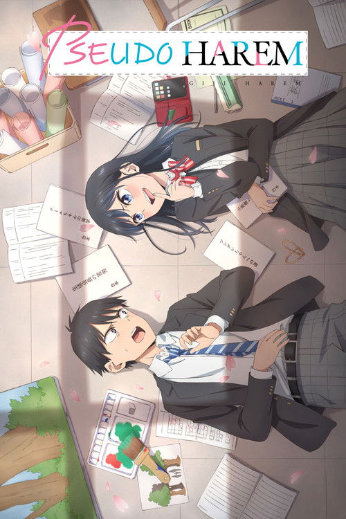 The poster features two anime characters in school uniforms, one with dark hair and the other with short hair, both smiling warmly. The background is filled with colorful papers, books, and scattered items, creating a lively and cheerful atmosphere. The title "Pseudo Harem" is prominently display...