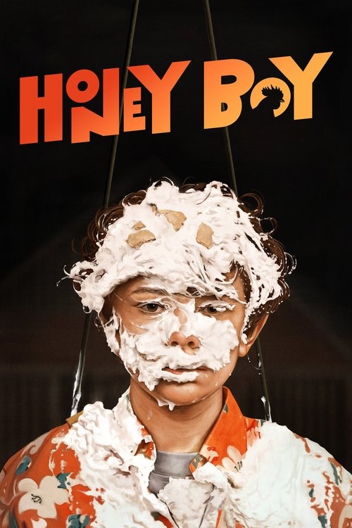 The poster features a young man with a messy, white, lumpy face and head, surrounded by ropes that suggest a struggle. The title "Honey Boy" is prominently displayed in bold orange letters against a dark background. The overall mood is chaotic and humorous, capturing the essence of a comedic, pos...