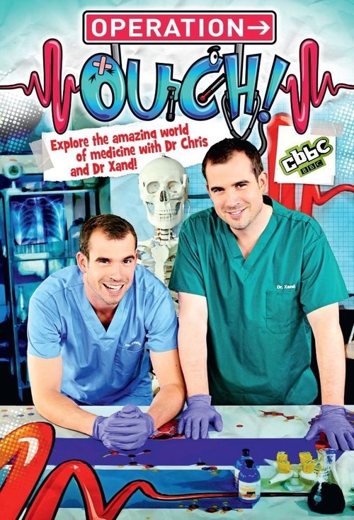 The poster features two doctors in scrubs, one with a robotic arm, set against a colorful backdrop of medical equipment and lab supplies. The vibrant colors and playful design convey a humorous and engaging tone, suggesting a lighthearted medical comedy.
