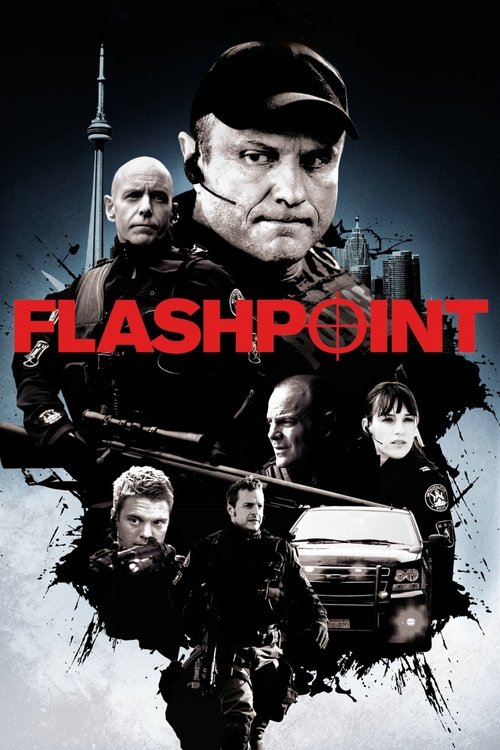 The poster features a gritty, high-stakes scene with a central character in a tactical hat, surrounded by other armed individuals in dark, intense lighting. The bold red "FLASHPOINT" text dominates the center, creating a dramatic and urgent atmosphere. The composition suggests action, conflict, a...