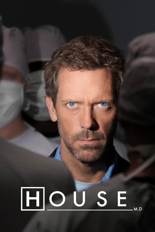 The poster features a man with intense blue eyes and a serious expression, surrounded by blurred figures in professional attire. The muted tones and shadowed background create a somber, tense atmosphere. The title "HOUSE" is prominently displayed in bold white letters at the bottom, emphasizing t...
