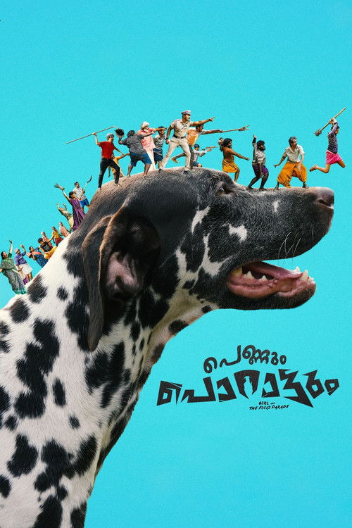 A vibrant blue sky frames the poster, featuring a Dalmatian dog with expressive eyes and a joyful mouth. Above its head, a group of colorful, animated characters dance energetically, creating a lively and playful atmosphere. The title "Pennum Porattum" is prominently displayed in bold, stylized s...