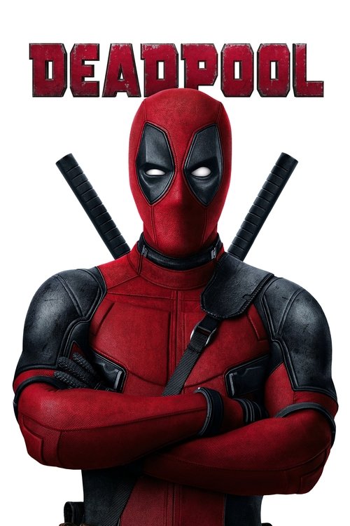 The poster features Deadpool in a dynamic pose with crossed arms, wearing his iconic red and black suit. His mask is black with white eyes, and two crossed swords rest behind him. The bold red "DEADPOOL" text at the top adds a strong, bold visual impact. The overall mood is energetic and action-o...