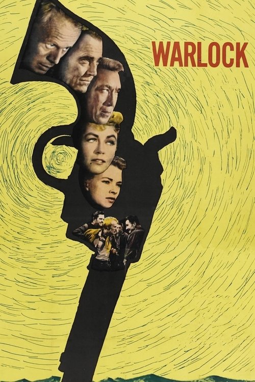 The poster features a stylized black silhouette of a woman's face emerging from a gun, with three other faces peeking out from the gun's barrel. The background is a swirling yellow, evoking a sense of chaos and intrigue. The title "WARLOCK" is prominently displayed in bold red letters at the top.