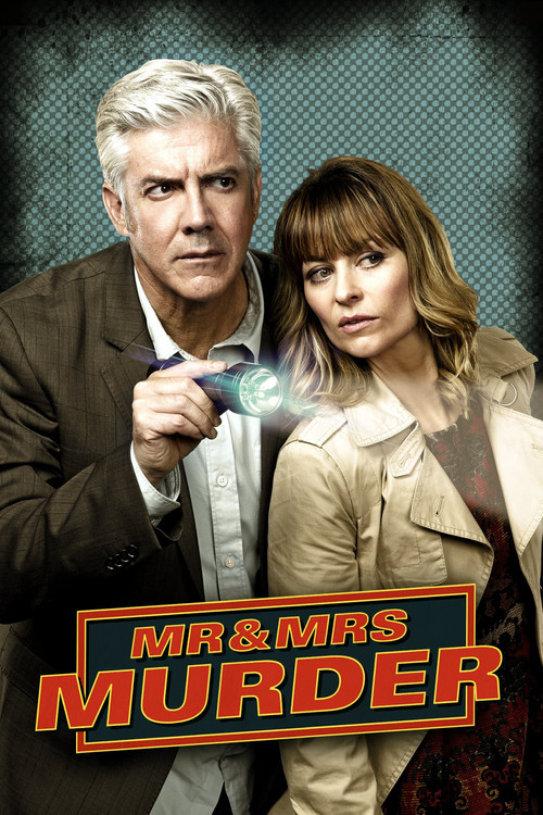 The poster features two characters, a stern man in a suit and a woman in a trench coat, holding a glowing flashlight. The warm red and orange text against a dark background creates an intense, suspenseful mood.