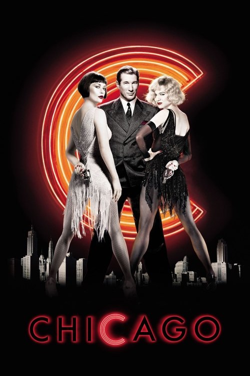 The poster features three elegantly dressed women in a dramatic, noir-style setting against a glowing red neon backdrop. The city skyline at the bottom adds depth, while the bold "CHICAGO" text at the bottom emphasizes the film's setting. The overall mood is mysterious and stylish, capturing the ...