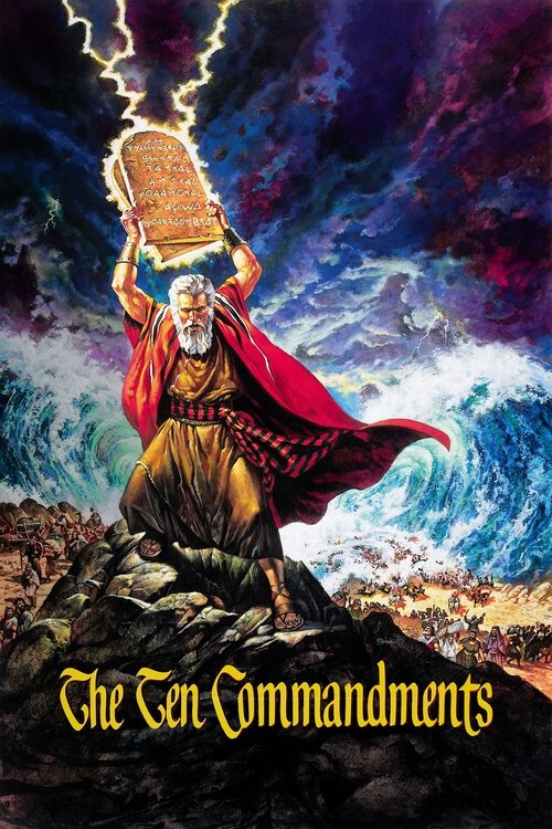 A powerful figure in a red cloak stands atop a rocky outcrop, holding a glowing golden tablet above their head. The dramatic sky is filled with swirling clouds and lightning, while the ocean below churns with waves. The poster conveys a sense of epic adventure and divine authority, evoking the ti...