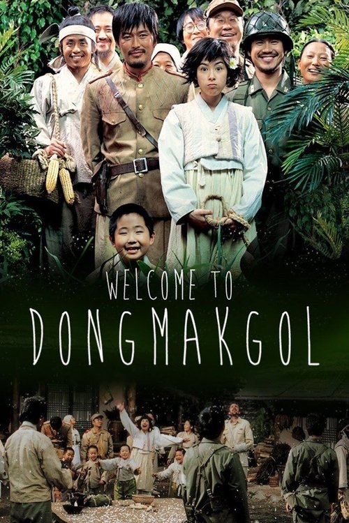 The poster features a vibrant collage of diverse characters in traditional Korean attire, set against lush green foliage. Warm earthy tones and rich greens evoke a nostalgic, cultural atmosphere. The title "Welcome to Dongmakgol" is prominently displayed in bold white letters, inviting viewers to...