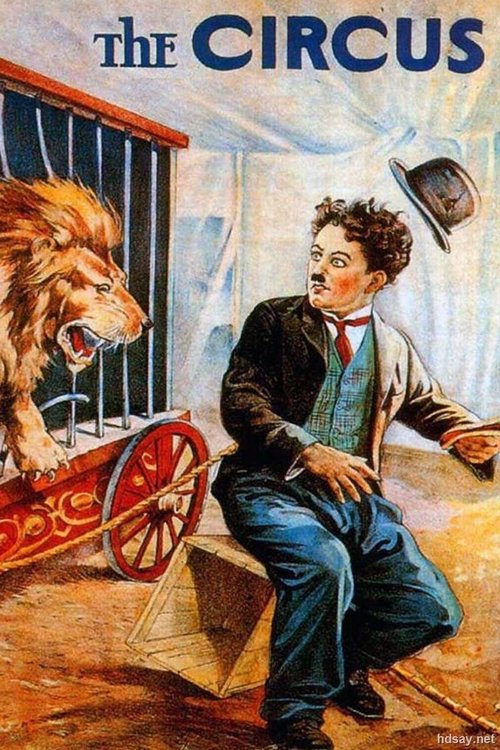 This vintage circus poster features a man in a suit and bowler hat sitting on a box, looking at a lion in a red wagon. The warm, earthy tones and playful expression convey a lively, nostalgic atmosphere.