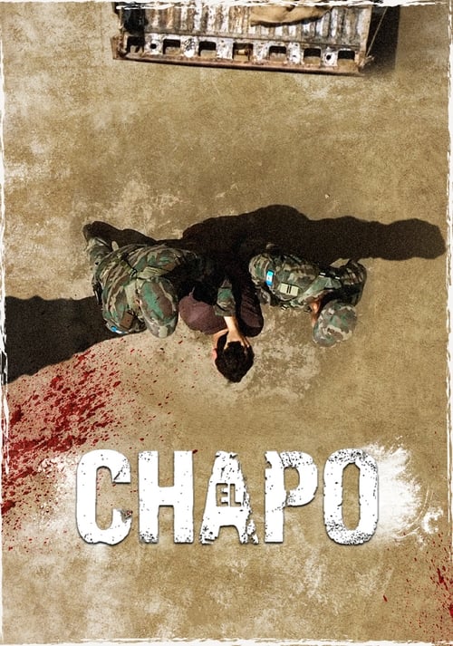The poster features a man in camouflage clothing lying on the ground, with a blood-stained floor beneath him. The title "CHAPO" is prominently displayed in bold, distressed white letters. The muted earth tones and shadowed atmosphere convey a somber, gritty mood, suggesting a serious crime drama.