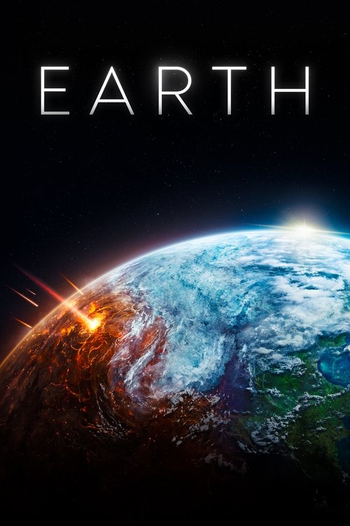 The poster features a stunning view of Earth from space, with vibrant blue oceans and swirling clouds. A bright sun glows intensely on the left side, casting dramatic shadows and highlighting the planet's curvature. The word "EARTH" is boldly displayed at the top, conveying a sense of awe and won...