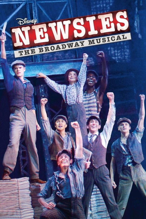 The poster features a lively group of performers in period costumes, with energetic poses and raised arms. The warm, golden lighting enhances the nostalgic atmosphere, while the bold red and white "NEWSIES" title dominates the frame. The overall mood is one of fun, excitement, and timeless charm.