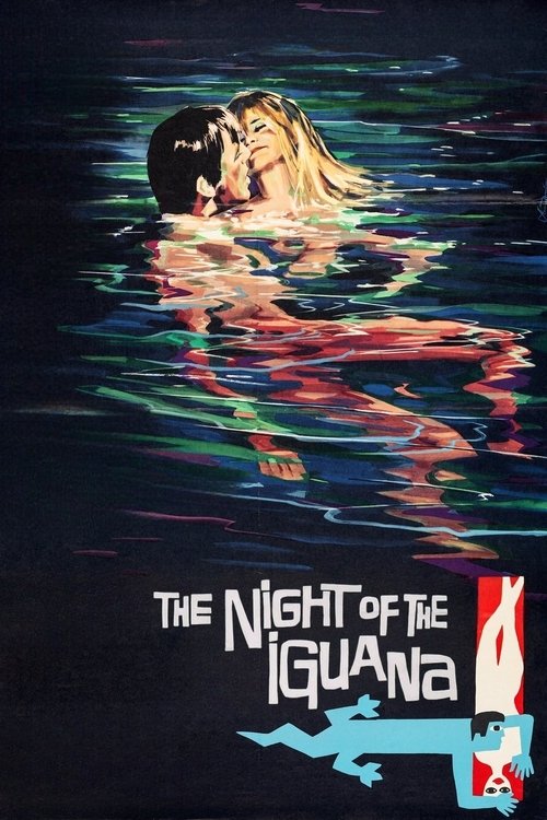 The poster features a woman swimming in dark water, her reflection distorted by vibrant, glitching colors. The title "The Night of the Iguana" is prominently displayed in white text, accompanied by a stylized red and white logo. The overall mood is eerie and mysterious, evoking a sense of danger ...