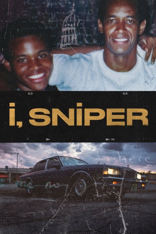 The poster features two smiling men in a dark, gritty urban setting. The title "I, Sniper" is prominently displayed in bold, golden letters. The overall mood is intense and dramatic, with a mix of warm and cool tones that create a sense of tension and action.