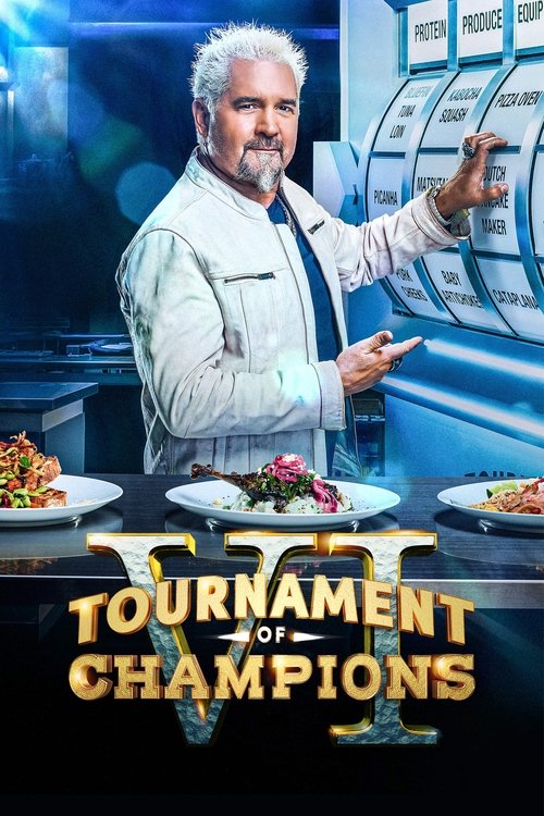 The poster features a man in a white jacket pointing at a colorful table of food, with the title "Tournament of Champions" prominently displayed. The vibrant colors of the food contrast with the cool blue tones of the background, creating an energetic and exciting atmosphere.