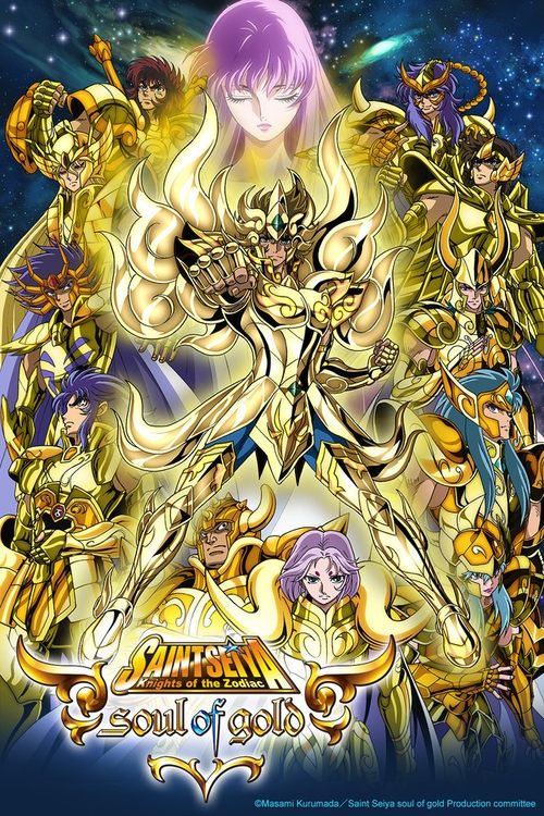 This vibrant poster showcases a dynamic scene from "Saint Seiya: Soul of Gold," featuring a central figure in golden armor surrounded by heroic warriors in colorful costumes. The mystical atmosphere is enhanced by swirling golden energy and a starry background, capturing the epic fantasy spirit o...