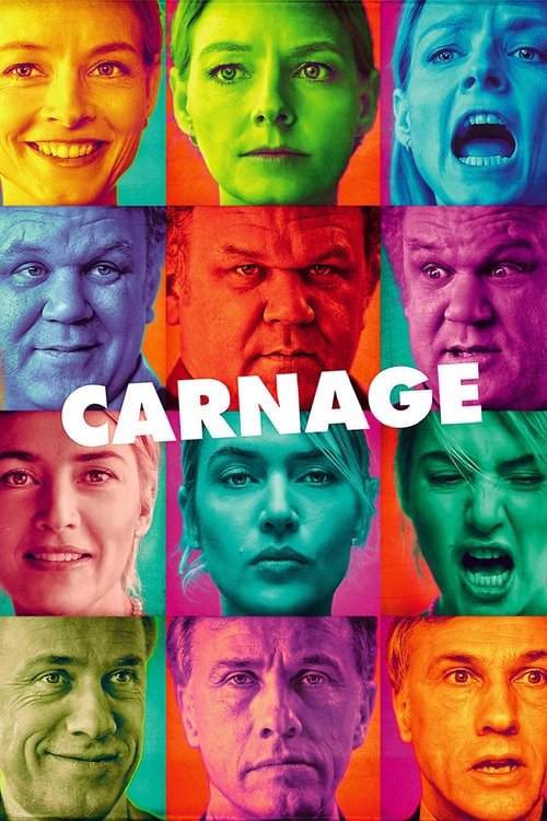The poster features a grid of diverse faces, each transformed into a vivid, saturated color—green, blue, red, and yellow—creating a visually striking and surreal effect. The word "CARNAGE" is prominently displayed in bold white letters, suggesting themes of violence and transformation. The overal...
