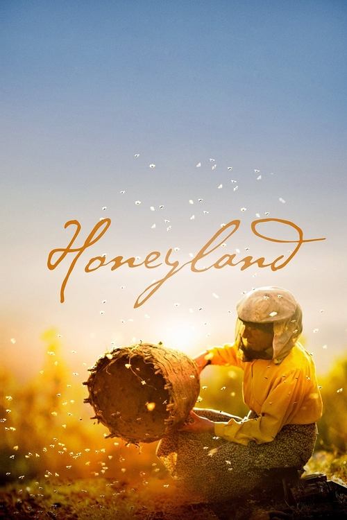 The poster features a golden, rustic scene with a person in a yellow shirt and hat harvesting honey, surrounded by sparkling golden dust. The title "Honeyland" is elegantly written in cursive script against a serene blue sky, evoking a sense of warmth, nature, and peaceful rural life.