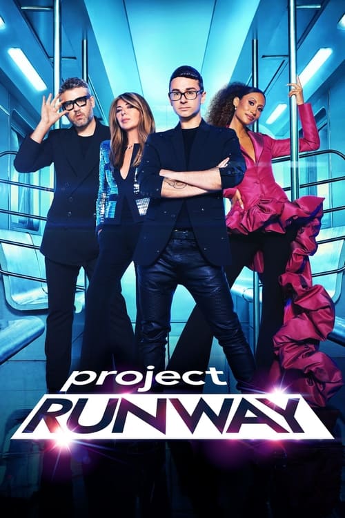 The poster features four stylish models in a futuristic, neon-lit environment with a cool blue and purple color palette. The models exude confidence and energy, embodying the show's theme of fashion and self-expression. The bold, modern typography of "Project Runway" at the bottom reinforces the ...