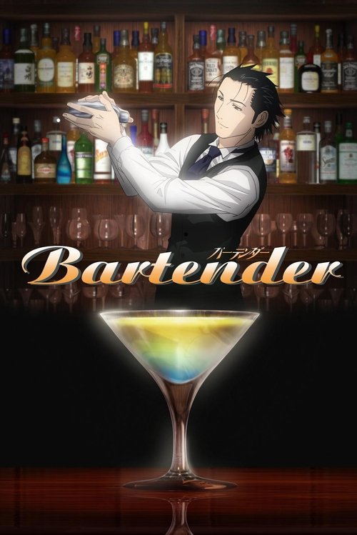 The poster features a bartender in a black vest and white shirt, gesturing toward shelves stocked with bottles. The title "Bartender" glows in gold lettering against the dark background. A martini glass with a yellowish liquid sits prominently at the bottom. The overall mood is mysterious and inv...