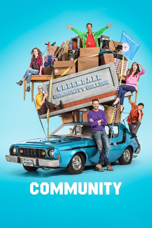 This vibrant poster showcases the lively cast of "Community" with a blue background, featuring a blue car and a wooden sign reading "Community." The scene captures the show's energetic and communal spirit, with diverse characters in colorful clothing, creating a dynamic and engaging visual.