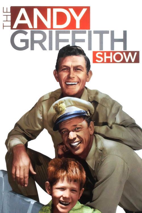 The Andy Griffith Show poster features Andy Griffith, a cheerful sailor, alongside a young boy in the foreground. The warm tones of olive green and red create a nostalgic, inviting atmosphere, capturing the essence of classic rural life.