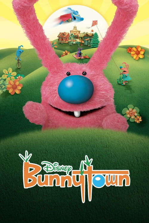 A vibrant pink bunny with a blue nose and white teeth peeks out from behind a lush green hill, surrounded by colorful flowers and cheerful characters. The sunny sky and bright colors evoke a playful, joyful mood, capturing the whimsical charm of the animated show.