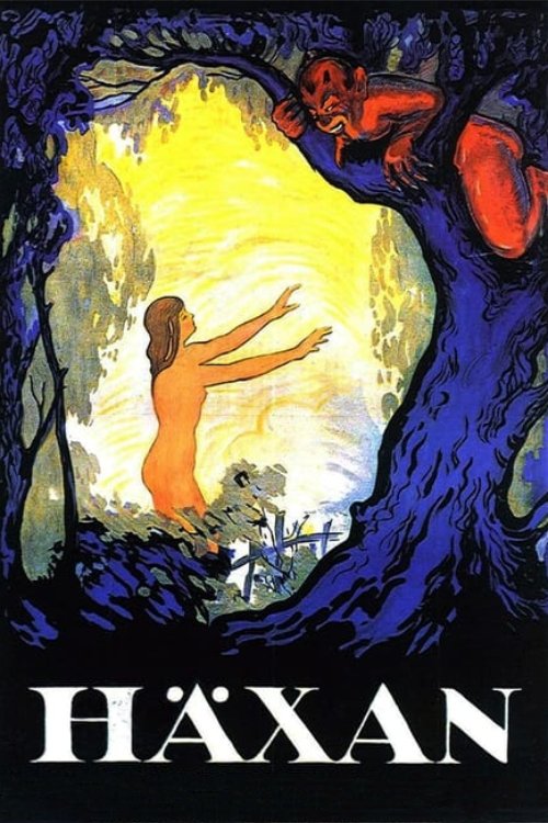 This movie poster depicts a dramatic scene with a woman reaching out toward a glowing, ethereal figure in a mystical forest. The deep blues and vibrant yellows create an otherworldly atmosphere, while the bold, white title "HÄXAN" at the bottom anchors the image with a sense of mystery and intrigue.