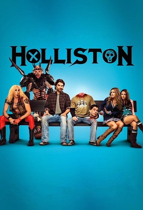 The poster features a group of seven characters in casual attire against a vibrant blue background. The title "Holliston" is prominently displayed at the top in bold, black lettering with a skull motif. The overall mood is casual and humorous, suggesting a comedy or action series.