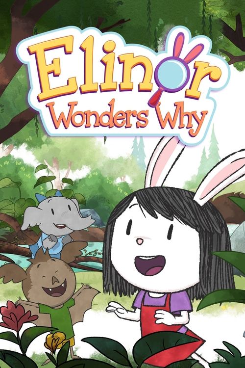 The poster features a cheerful cartoon rabbit girl with black hair and a red dress, surrounded by lush green foliage and vibrant flowers. To her left, a small elephant and a bear peek out from behind leaves, adding playful charm. The warm, inviting colors and joyful expressions create a heartwarm...