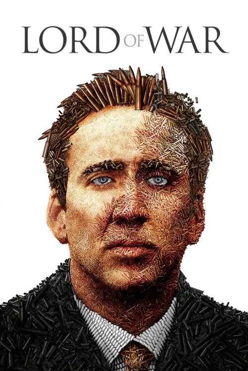 The poster features a gritty, weathered man with a stern expression, wearing a dark suit against a stark white background. The bold, capitalized title "Lord of War" dominates the top, evoking themes of conflict and power. The overall mood is intense and dramatic, capturing the essence of a war mo...