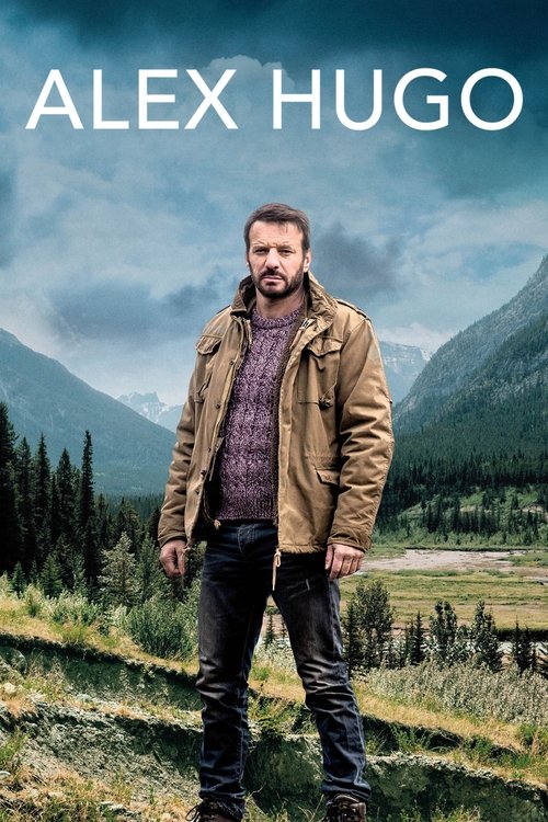 The poster features a rugged man with a beard and a tan jacket standing against a dramatic mountain backdrop. The muted earth tones and soft lighting create a moody, atmospheric mood, while the bold white text "ALEX HUGO" anchors the composition.