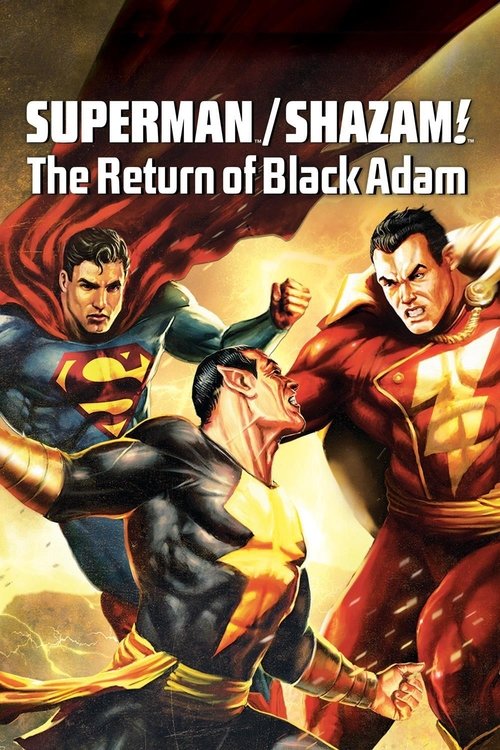 The poster features Superman and Shazam in dynamic poses against a fiery background. Superman wears his iconic blue suit with red and yellow accents, while Shazam sports a red and gold costume. The dramatic lighting and intense expressions convey action and excitement. The bold text announces the...
