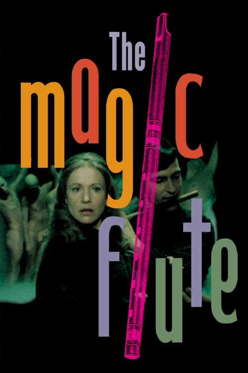 The poster features a young girl with a curious expression against a dark background, surrounded by mysterious figures in eerie green hues. The title "The Magic Flute" is written in bold, colorful letters, with the word "flute" highlighted in a striking pink. The overall mood is mysterious and en...