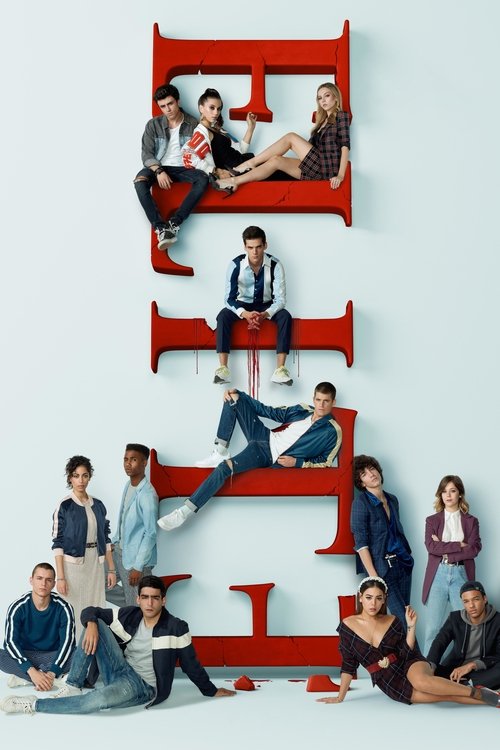 The poster features the cast of "Elite" arranged in a playful, multi-level composition against a light blue background. The red "E" and "L" letters frame the characters, creating a dynamic and energetic atmosphere. The mood is lighthearted and fun, capturing the essence of the show's comedic and ...