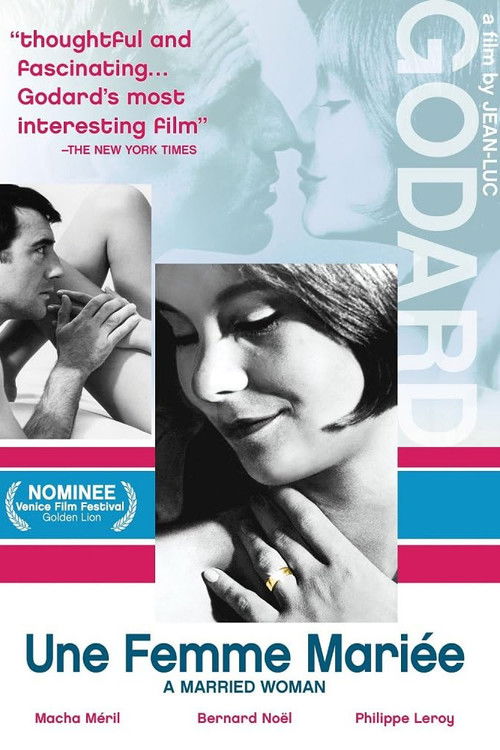 The poster features a black-and-white portrait of a woman with a contemplative expression, set against a muted background. The title "Une Femme Mariée" is prominently displayed in bold blue text, with the tagline "A Married Woman" beneath it. The color scheme of blues and whites evokes a sense of...