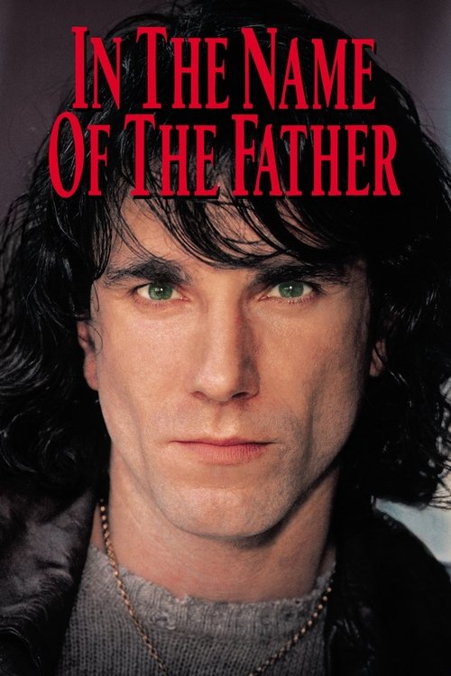 The poster features a close-up of a man with dark, wavy hair and a serious expression, wearing a gray sweater and a necklace. The title "In the Name of the Father" is prominently displayed in bold red letters at the top. The overall mood is somber and reflective, evoking themes of family and legacy.