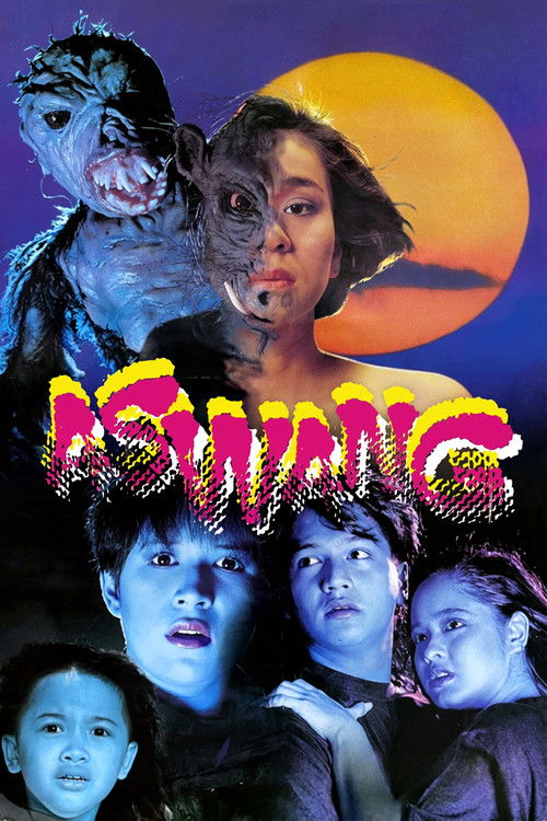 The poster features a hauntingly beautiful scene with a large Aswang creature looming over a group of people against a vibrant orange moon. The colors are vivid, with deep blues and purples contrasting against the fiery hues of the moon and the title. The mood is eerie and mysterious, capturing t...