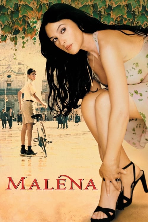 The poster features a glamorous Malena in a revealing outfit, exuding confidence and allure against a sunlit beach backdrop. A young man stands in the background, while other figures are visible in the distance, suggesting a lively, romantic seaside setting. The warm tones and vibrant colors evok...