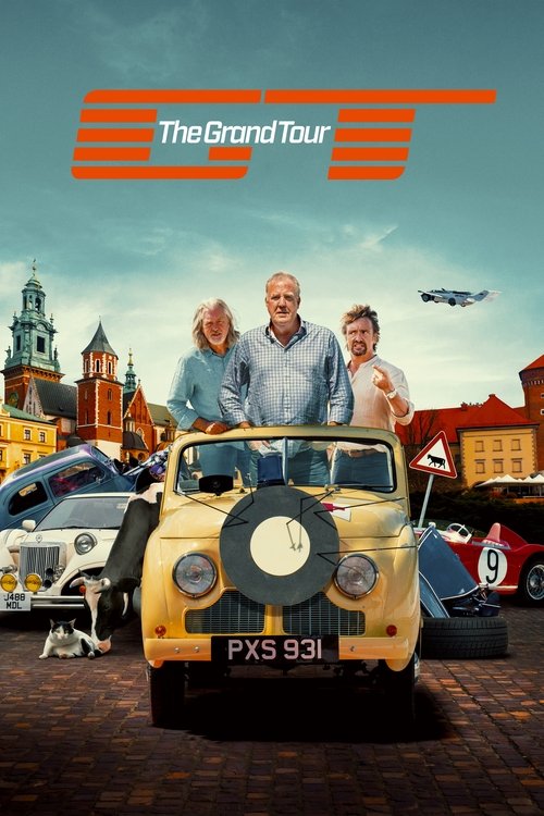 The poster features three characters standing proudly behind a vintage yellow car, set against a picturesque European town backdrop. The warm orange and blue tones evoke a nostalgic, adventurous mood, while the license plate FXS 931 hints at the show's travel theme.
