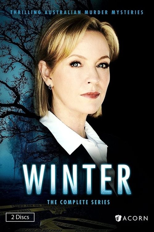 The poster features a striking blonde woman against a dark, eerie background with a tree silhouette. The title "WINTER" is prominently displayed in bold blue letters, evoking cold and mystery. The overall mood is suspenseful and atmospheric, hinting at a thriller or mystery series.