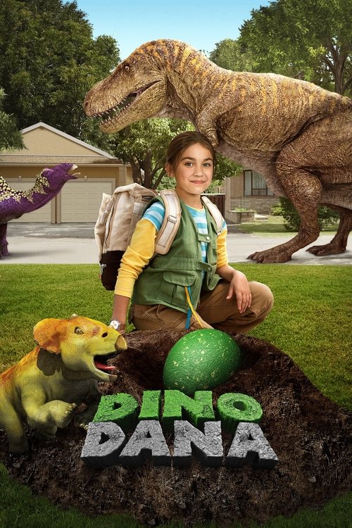 The poster features a young girl in a backpack exploring a dinosaur world, surrounded by prehistoric creatures. The vibrant green dinosaur egg and the playful, adventurous tone create a sense of wonder and excitement. The warm colors and cheerful atmosphere evoke a fun, family-friendly vibe.