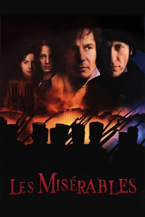 The poster features four characters against a dramatic backdrop of fiery orange and dark tones, evoking a sense of urgency and danger. The title "Les Misérables" is prominently displayed in bold red letters at the bottom, suggesting themes of hardship and moral struggle.