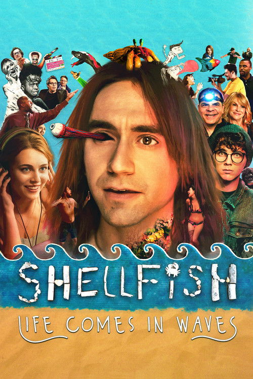 The poster features a central portrait of a man with long hair, surrounded by a vibrant collage of diverse characters and elements like a beach, ocean waves, and colorful objects. The background is a bright blue sky, while the title "Shellfish" is prominently displayed in bold, playful lettering....
