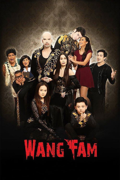 The poster features a group of eight characters in dramatic, period-style costumes against a dark, moody background. The characters are arranged in a semi-circle, with some standing and others seated, creating a sense of mystery and intrigue. The title "WANG FAM" is prominently displayed in bold,...