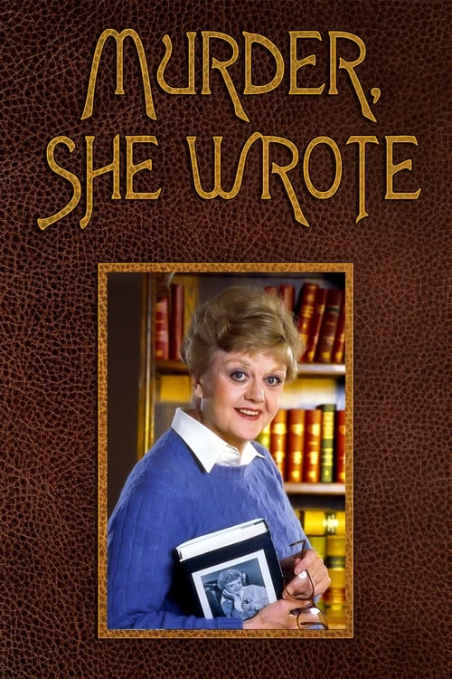 The poster features a young woman in a blue sweater holding a book, standing before bookshelves filled with red books. The title "Murder, She Wrote" is written in a whimsical, golden font against a textured brown background. The mood is mysterious and slightly humorous, suggesting a blend of crim...